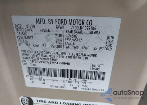 2010 Ford F150 Fx2 Sport/Harley-Davidson/King Ranch/Lariat/Platinum/Xl/Xlt from USA, damaged, VIN 1FTFW1CV3AKB689